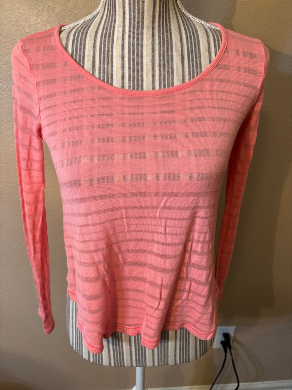 Forever 21 Top Small Coral Pink Semi-Sheer Striped Long-Slv Boat Neck Stretch - Picture 3 of 14
